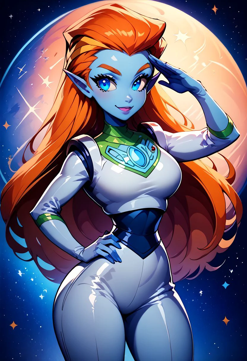 score_9, score_8_up, score_8, big breasts, (curvy), cute, eyelashes, 
BREAK, 
zzMira, blue eyes, blue skin, orange hair, pointy ears, white spacesuit,
cowboy shot, smile, hand on hip,  
looking at viewer, 
(salute:1), 
BREAK, 
zPDXL, Expressiveh p4st3lg0r3, pastel, 
space background,