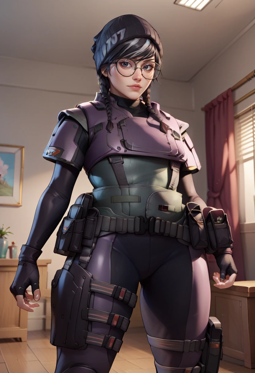 score_9,score_8_up,score_7_up,score_9,score_8_up,score_8,ultra detailed,beautiful face,highres BREAK <lora:dokkaebi:1>,dokkaebi,1girl,short hair,black hair,gloves,hat,black eyes,glasses,black gloves,fingerless gloves,twin braids,black headwear,bodysuit,skin tight,black-framed eyewear,pouch,round eyewear,black bodysuit,beanie,holster,tactical clothes,cowboy shot,room,room background,from below,