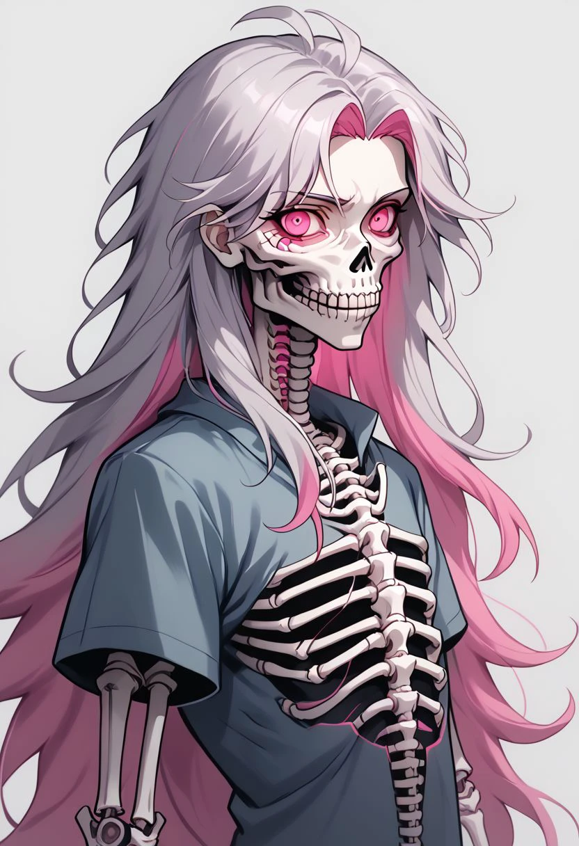 kaoselement style, solo, long hair, skeleton, looking at viewer, ribs, pink eyes, upper body, simple background, white hair, pink hair, floating hair, 1boy, male focus, from side, white background, grey hair, shirt, multicolored hair, grey background, chaos, panic, disorder, my job is done here, chaotic, chaos bean BREAK zPDXL2