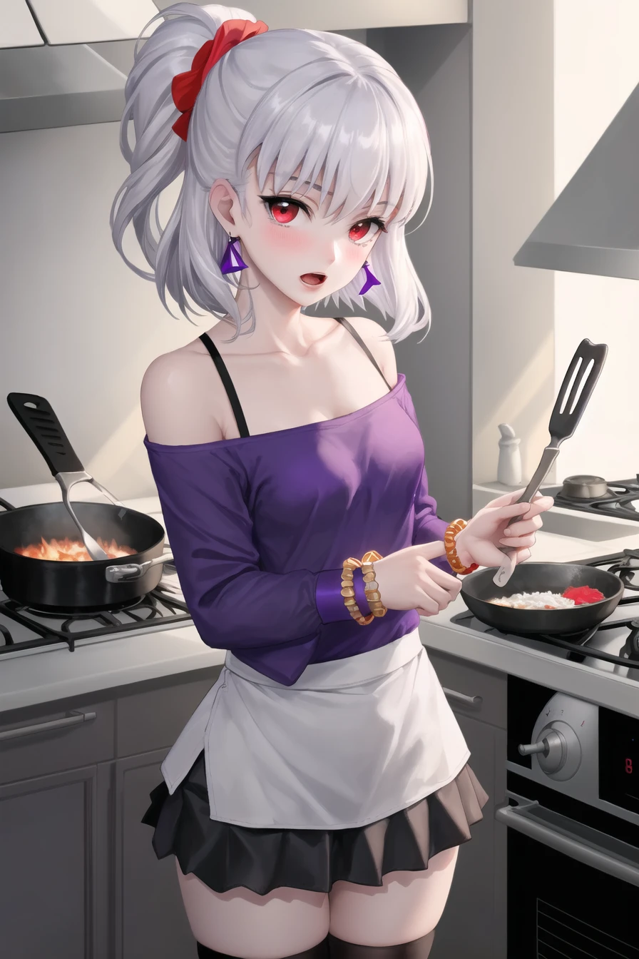 kama (fate), 1girl, skirt, jewelry, thighhighs, looking at viewer, earrings, kitchen, spatula, hair ribbon, solo, bangs, short hair, ribbon, blush, frying pan, shirt, red eyes, collarbone, stove, thighs, bare shoulders, bracelet, breasts, open mouth, grey hair, small breasts, contemporary, off-shoulder shirt, cooking, scrunchie, off shoulder, miniskirt, purple shirt, white hair