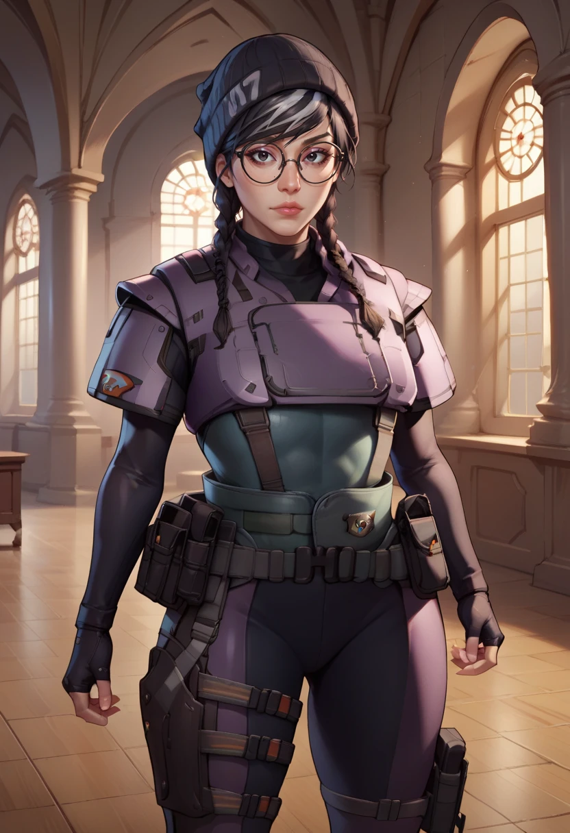 score_9,score_8_up,score_7_up,score_9,score_8_up,score_8,ultra detailed,beautiful face,highres BREAK <lora:dokkaebi:0.9>,dokkaebi,1girl,short hair,black hair,gloves,hat,black eyes,glasses,black gloves,fingerless gloves,lips,twin braids,black headwear,bodysuit,skin tight,black-framed eyewear,pouch,round eyewear,black bodysuit,beanie,holster,tactical clothes,cowboy shot,room,room background, sitting,