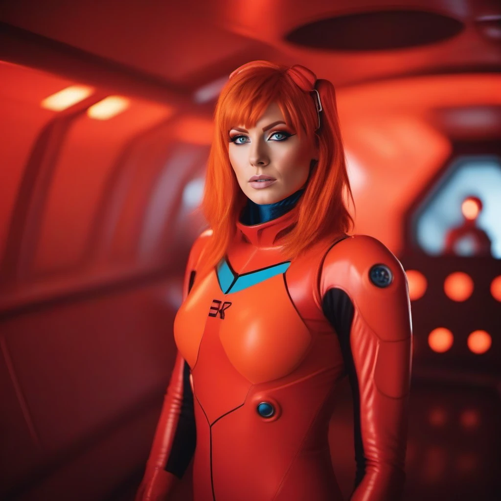 cinematic photo a full body woman, red plugsuit, blue eyes, orange hair, in a spaceship  <lora:Asuka1024:0.8> . 35mm photograph, film, bokeh, professional, 4k, highly detailed