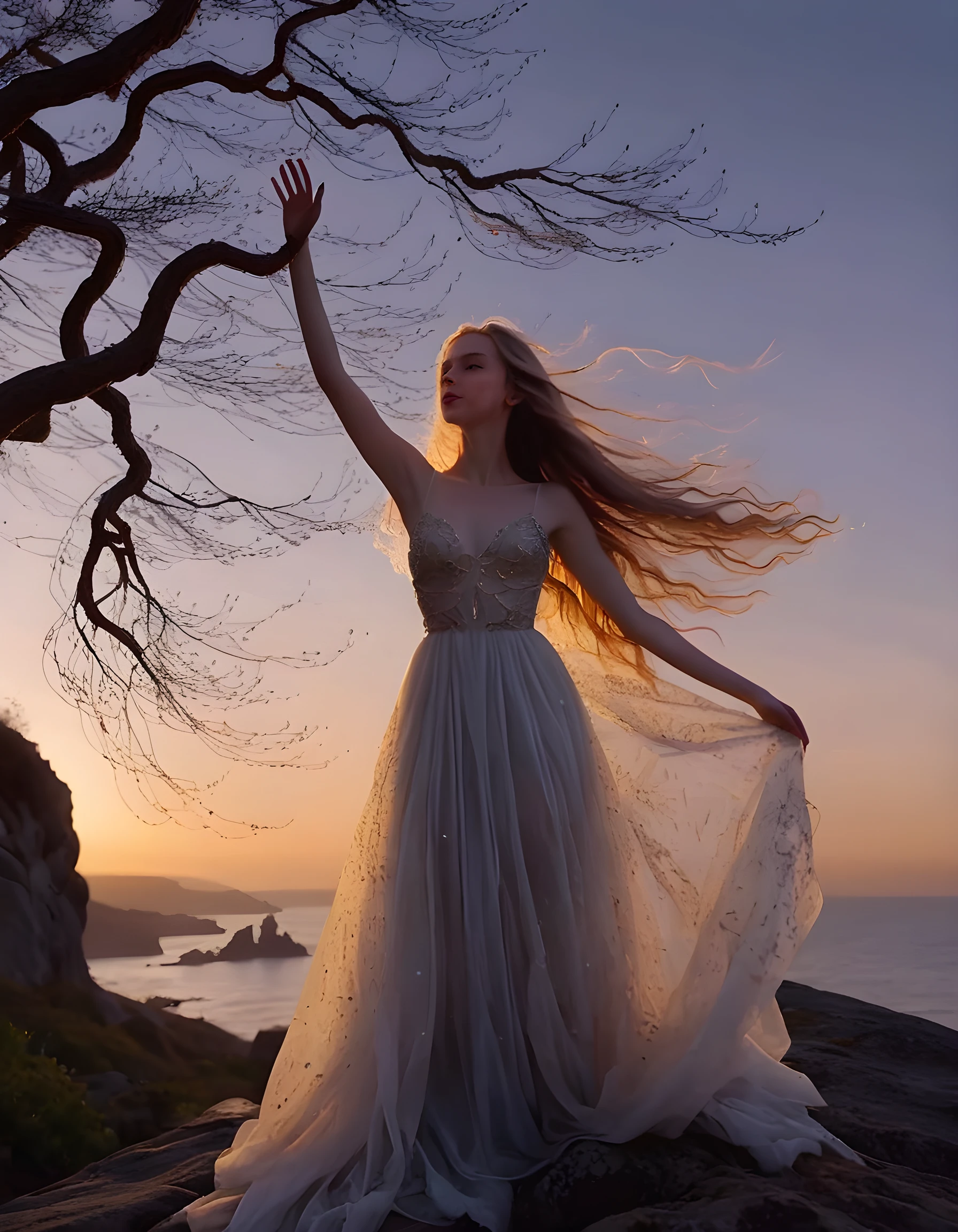 In a hauntingly enchanting tableau, the ethereal silhouette of a single girl named Lilly, with long flowing hair dark as night, stands atop a craggy cliff overlooking a tranquil cove bathed in twilight's golden hues. She is alone, clad in an intricate gown woven from the finest threads of moonlight and dewdrops, defiantly raising her arms to the heavens with eyes brimming with fierce determination that pierces through the veil of darkness. Her hair catches the wind, framing a face that radiates strength and beauty beyond mortal comprehension as she stands against the backdrop of a solitary willow tree with branches reaching out like skeletal fingers. The sun sinks lower, casting an ethereal light upon her form while the ocean below mirrors the fading colors of the sky, its waves gently lapping at the shore in silent accord with her majestic presence. The air is thick with the scent of salt and sea spray, mingling with the sweet perfume of her blossoming roses that lay scattered across the rocky terrain below, captured by an unseen observer from a vantage point high above.