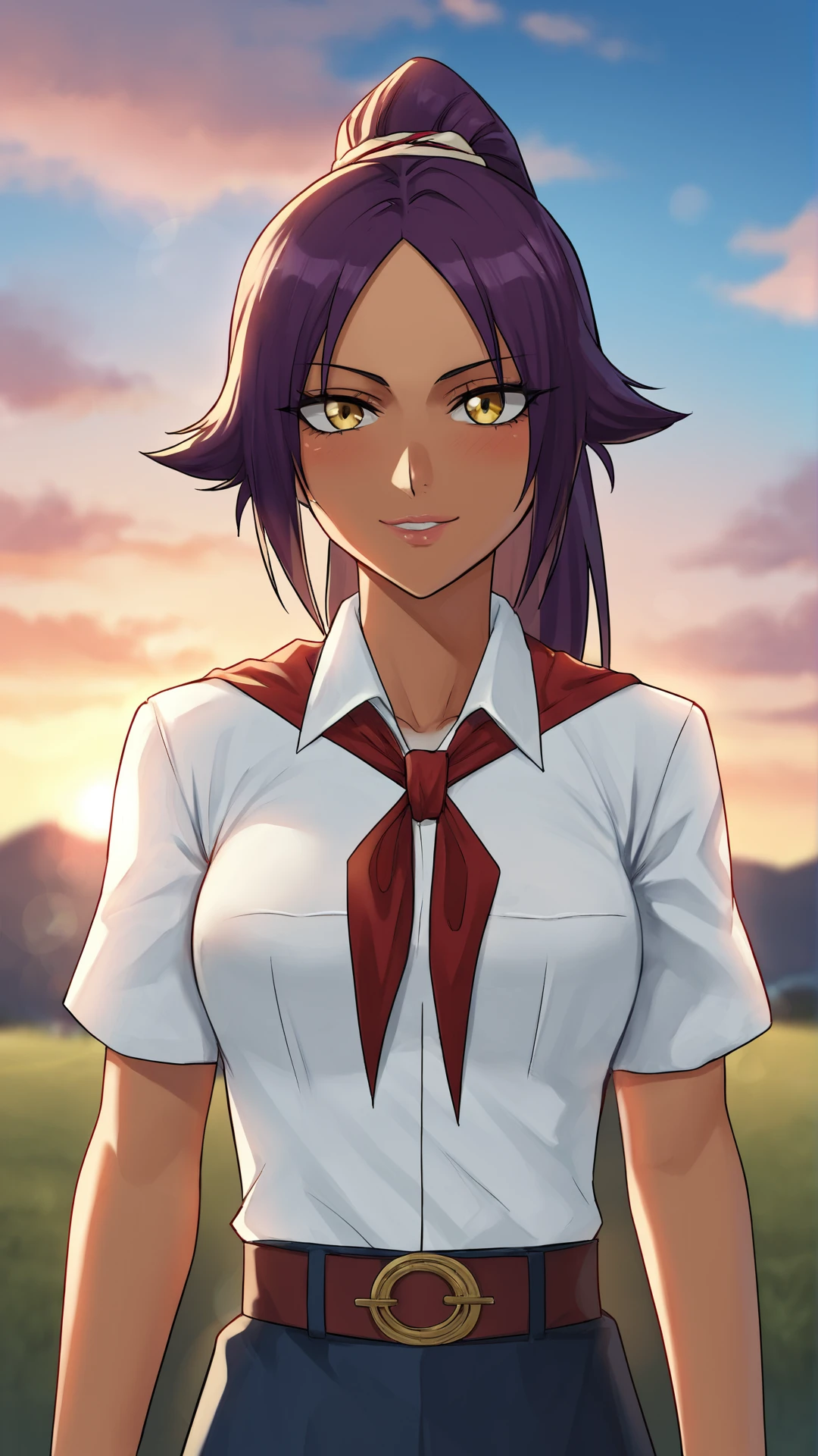 score_9, score_8_up, score_7_up,
best quality, masterpiece, ultra detailed,
looking at the viewer, looking at the camera,
portrait,
light smile, blush,
source_bleach, Yoruichi Shihoin,
black eyeliner cat eye,
pink lips,
white collared shirt, short sleeves, red neckerchief, neckerchief, belt, blue skirt,
sunset, warm light, cozy, sky, clouds, 
amazing background, outdoors,
bokeh, blurry, blurry background, 
 <lora:Everlasting_Summer_Vanilla_Art_Style_by_GraffMetal:1>,