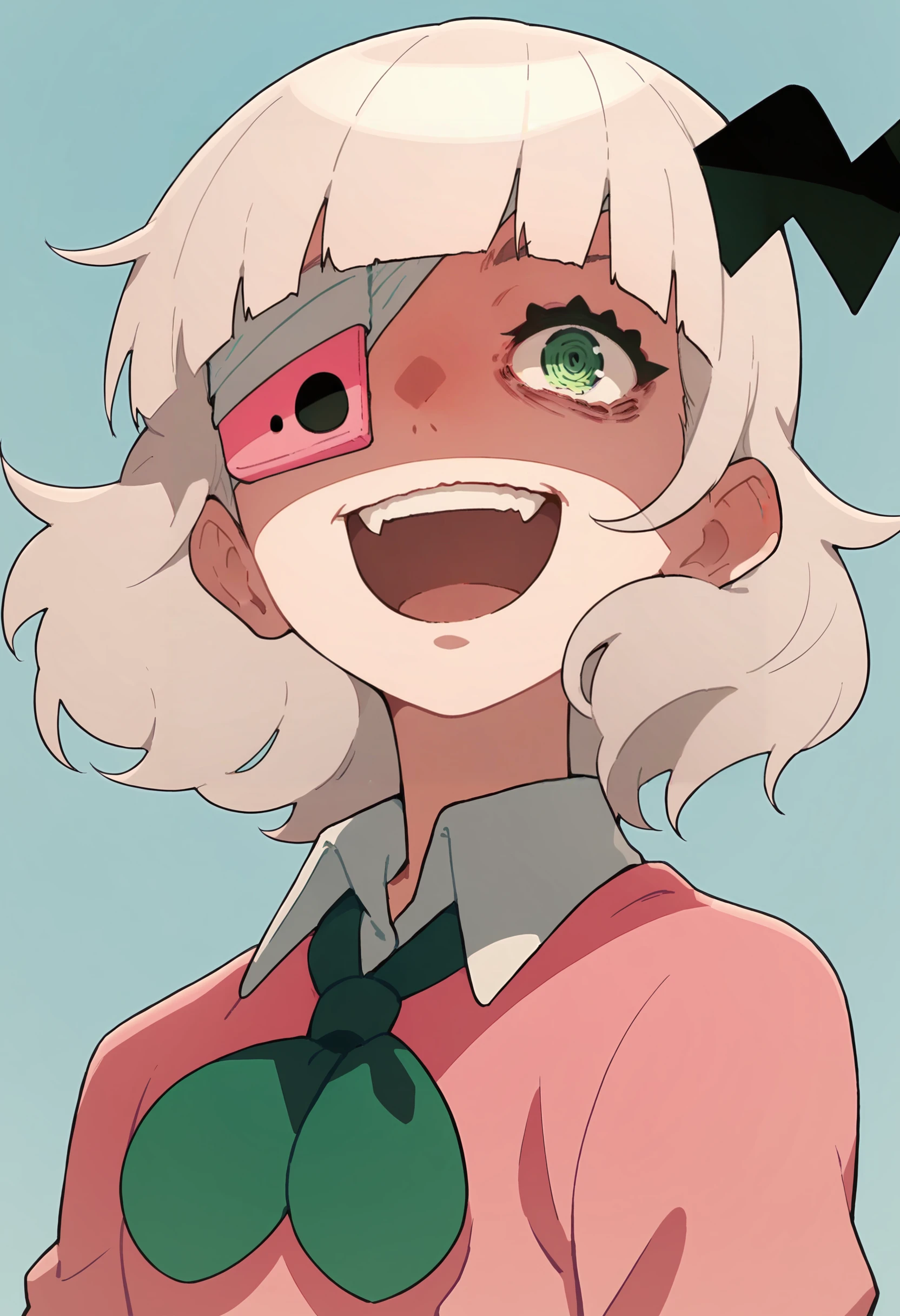 score_9, score_8_up, score_8, source_anime, 1girl, <lora:Rorochan:0.85> solo, green eye, white hair, horn, eyepatch, shirt, collared shirt, skirt, school uniform, upper body, crazy laugh, shaded face,
light blue background, simple background,