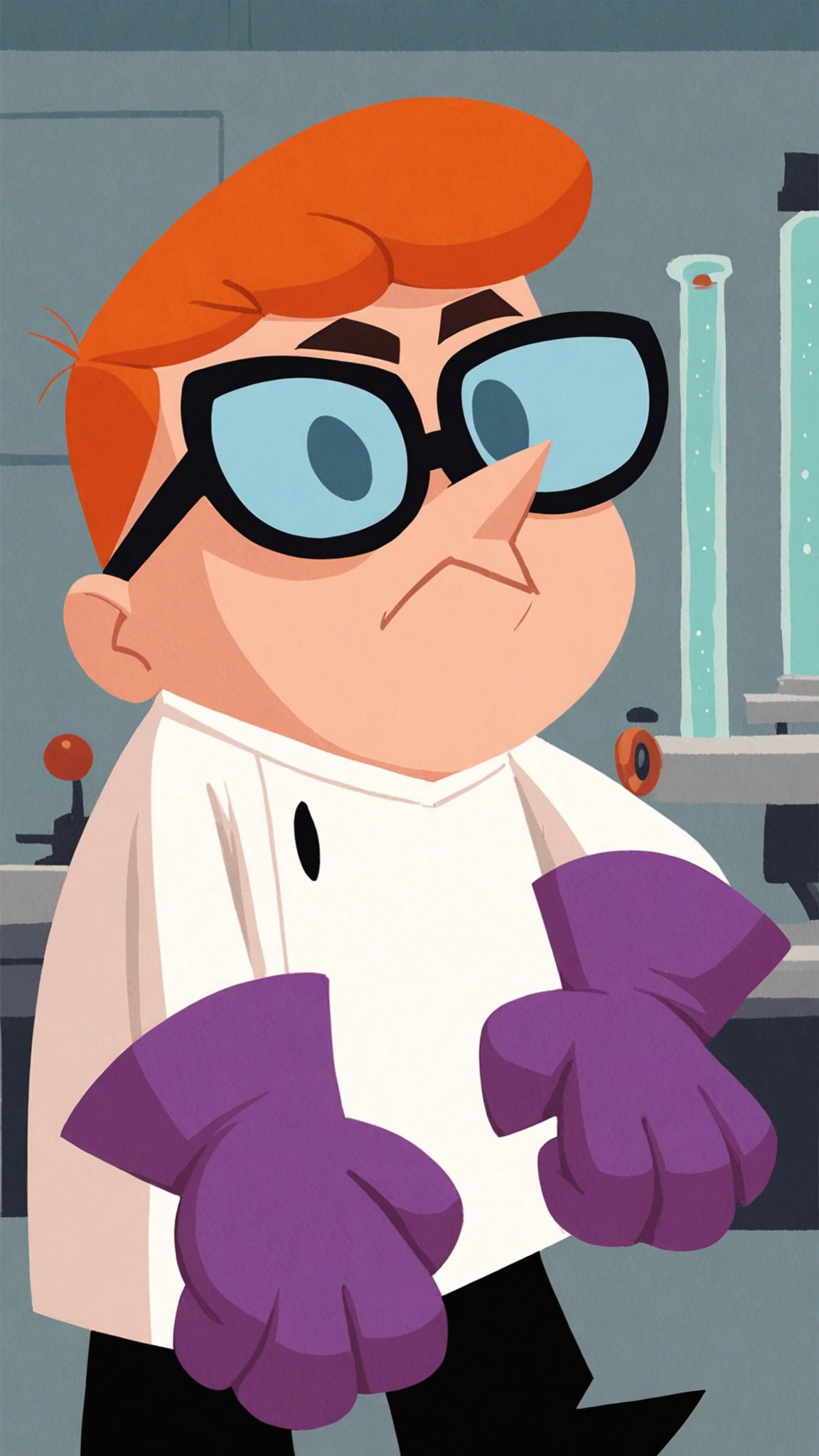 score_9, score_8_up,score_7_up, score_6_up,scientist laboratory,<lora:DX_TER:1>dx_ter,solo, 1boy, scientist outfit, orange hair, gloves, purple gloves, glasses,  mad ,