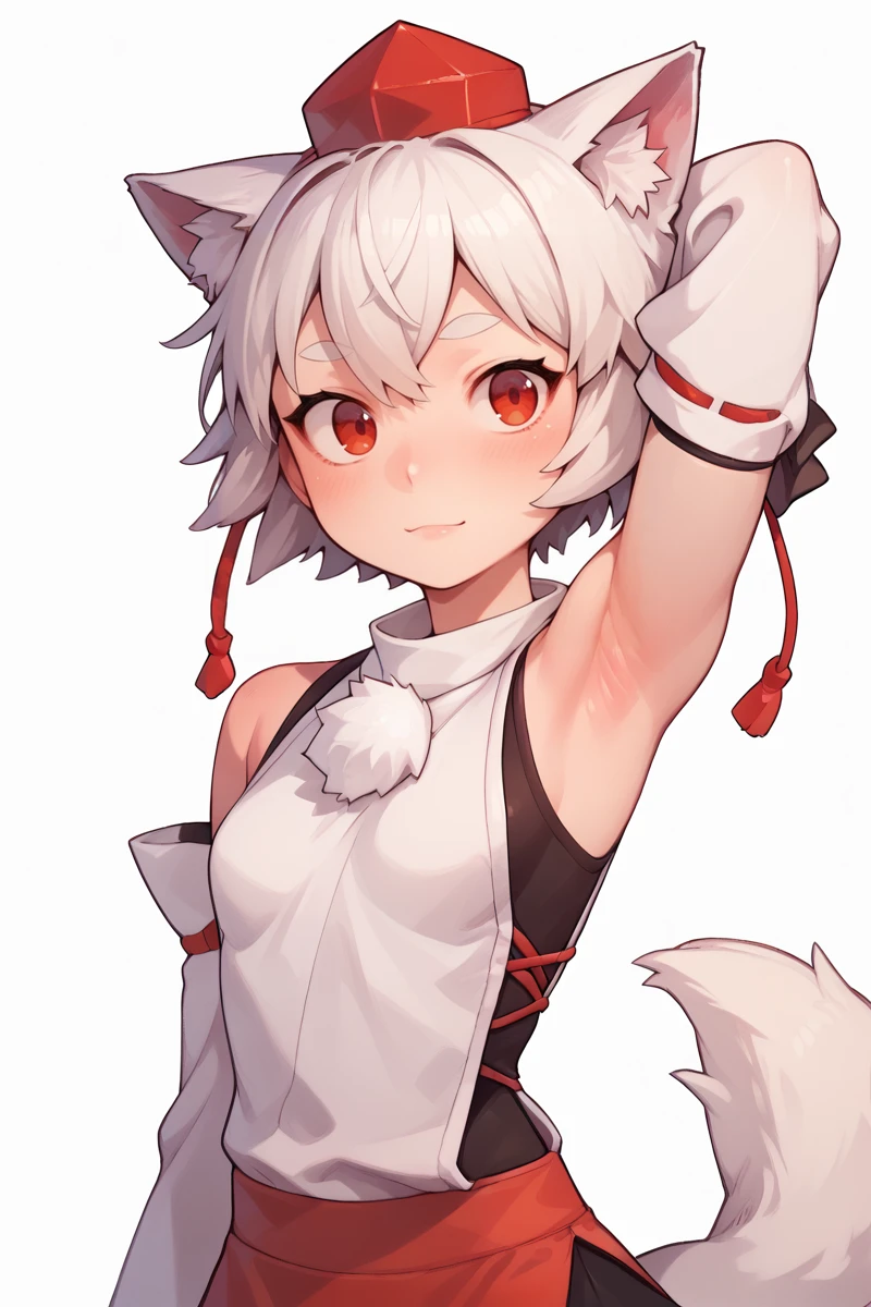 score_9, score_8_up, score_8, score_9, 1 girl,  source_anime, <lora:inubashiri_momiji_pony-10:0.8>  inubashiri momiji, white hair, short hair, wolf ears, red eyes, tokin hat, detached sleeves, armpits, two-tone skirt,  <lora:PossumMachine:0.8> posmach <lora:OtherStyle_03-000003:0.8>