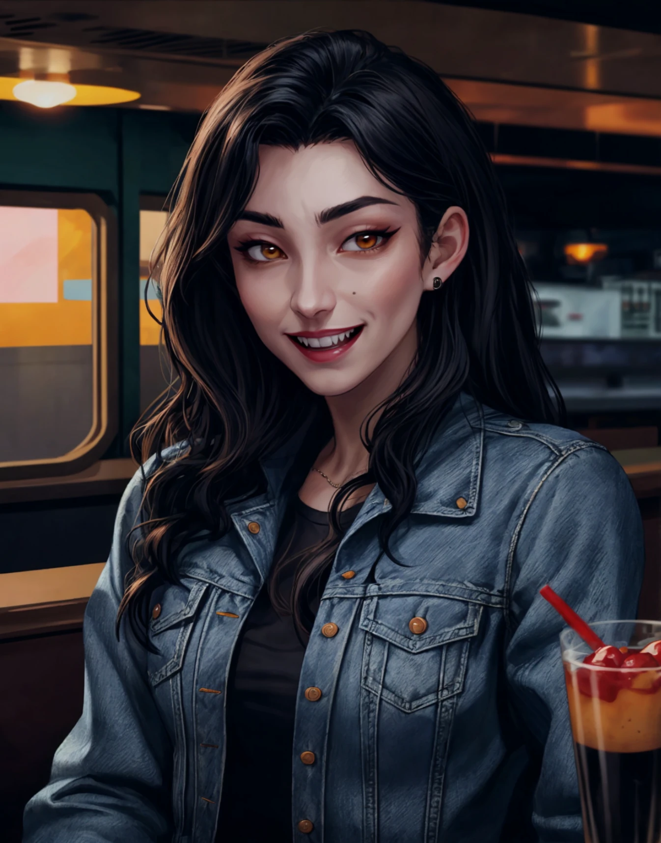 <lora:add_detail:0.5>, <lora:Bordizzo:0.85>, vector art, best quality, dark theme, indoors, dim light, realistic face, solo, upperbody portrait, denim jacket, teeth, (vampire fangs:1.10), in an old diner, <lora:Flat_Design_last:0.5>