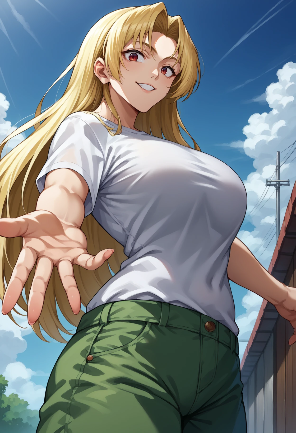 score_9, score_8_up,score_7_up, source_anime,1girl, solo, <lora:EPjjkTsukumoYuki:1>, EPjjkTsukumoYuki, long hair, blonde hair, red eyes, parted bangs, white t-shirt, large breasts, cargo pants, from side, blue sky, smile, looking at viewer, outstretched hand, from below