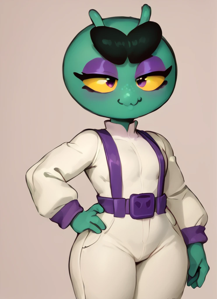 score_9, score_8_up, score_7_up,   <lora:bseve:1> bseve  ,1 girl , green skin , no humans, monobrow , no hair ,yellow sclera, antennae,  eyeshadow, suspenders ,white bodysuit,  long sleeves, pants , suspenders,  <lora:Kittew-4RCH0N:1> , smile , half-closed eyes, hand on own hip,