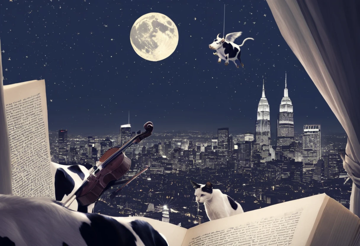 A photo manipulation of a black and white cow flying through the night sky.  The cow is facing the right and has a cat sitting on its back playing a violin. The cat is facing the left.  The moon is behind the cow and there are stars in the sky.  The cow is flying over a cityscape with rooftops.  The image is made up of a collage of book pages and the cityscape is cut out from the book pages.  The image has a vintage feel. 
extremely detailed, photorealistic, 
 <lora:Manipulator:1>