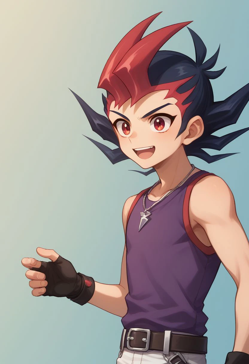 score_9, score_8_up, score_7_up, source_anime, highly detailed, cute,
yuma, 1boy, male focus, gloves, solo, red eyes, black hair, red hair, spiked hair, belt, fingerless gloves, multicolored hair, open mouth, smile, white pants, purple shirt, sleeveless, bang, necklace, upper body,
outdoor,