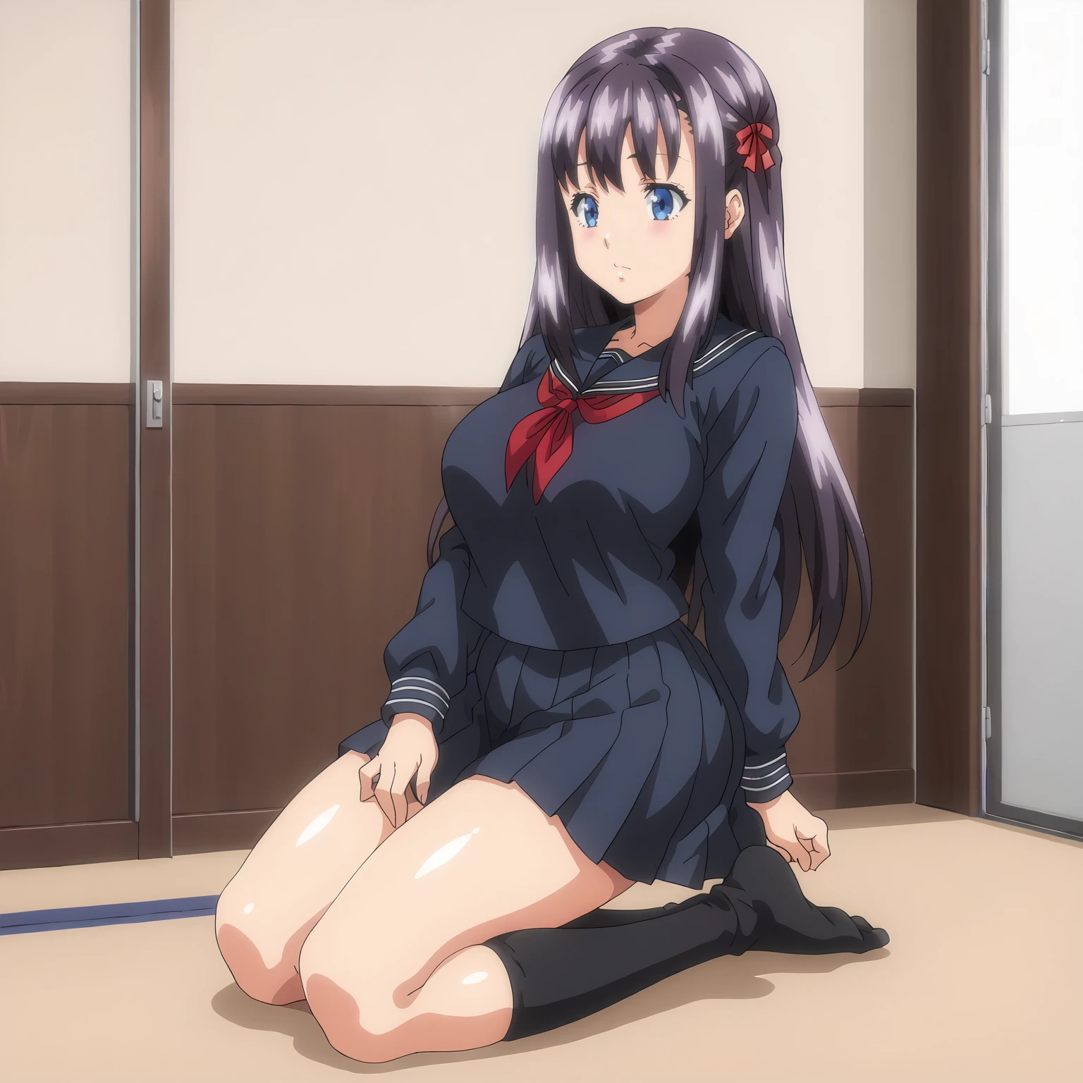 <lora:YuunaTachibanaXLpony001>,
solo,
YuunaTachibana,1girl,black -purple hair,hair ribbon,long hair,blue eyes,
large breasts,
serafuku,black shirt,long_sleeves,
pleated_skirt,
black socks,
full body,kneeling,