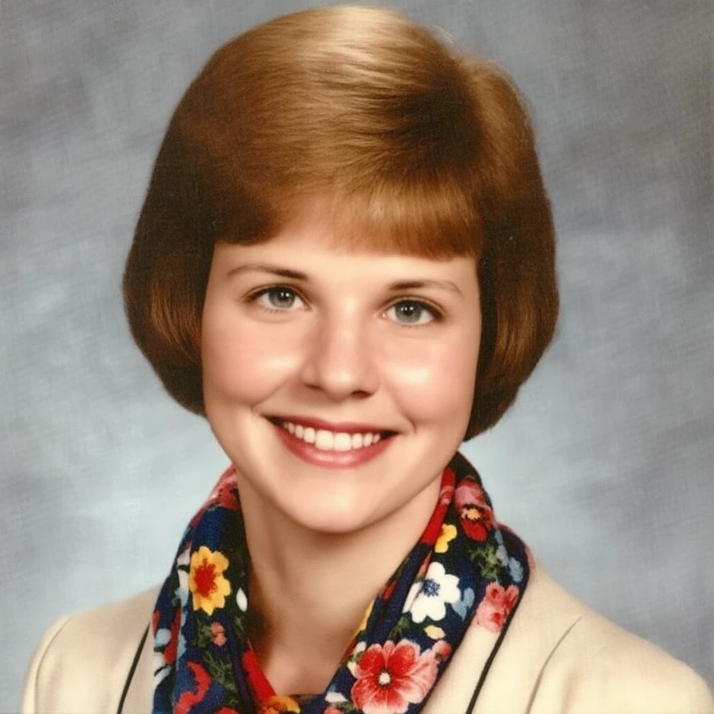 school book photos, Petite woman, pixie cut, floral scarf, cheerful demeanor