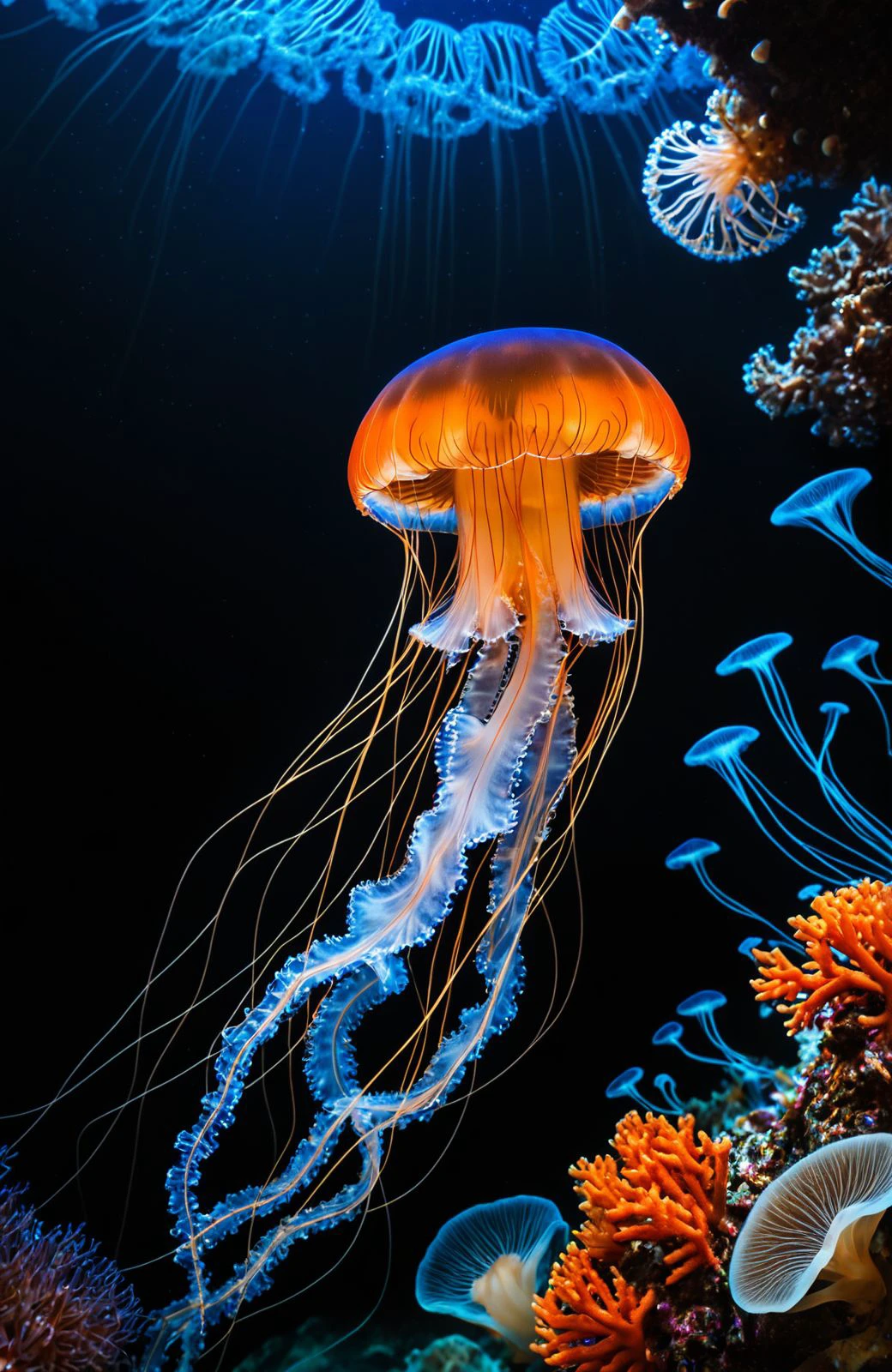 The image features a large, vibrant jellyfish with a striking orange and blue color pattern. The jellyfish is positioned centrally in the frame, with its tentacles extending towards the bottom right corner. The background is dark, providing a stark contrast that makes the jellyfish stand out. In the bottom right corner, there are small coral formations, adding a touch of life to the scene. no humans, mushroom, black background, plant