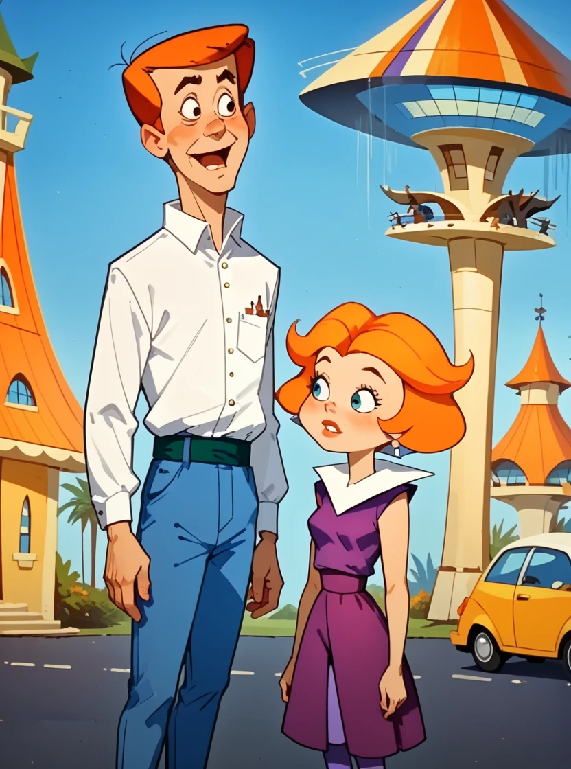 score_9, score_8_up, score_7_up, score_6_up, score_5_up, score_4_up, hud_jets0n, <lora:Jetsons-000009:1>, 1girl, purple dress, orange hair, 1boy, white shirt, blue pants, belt