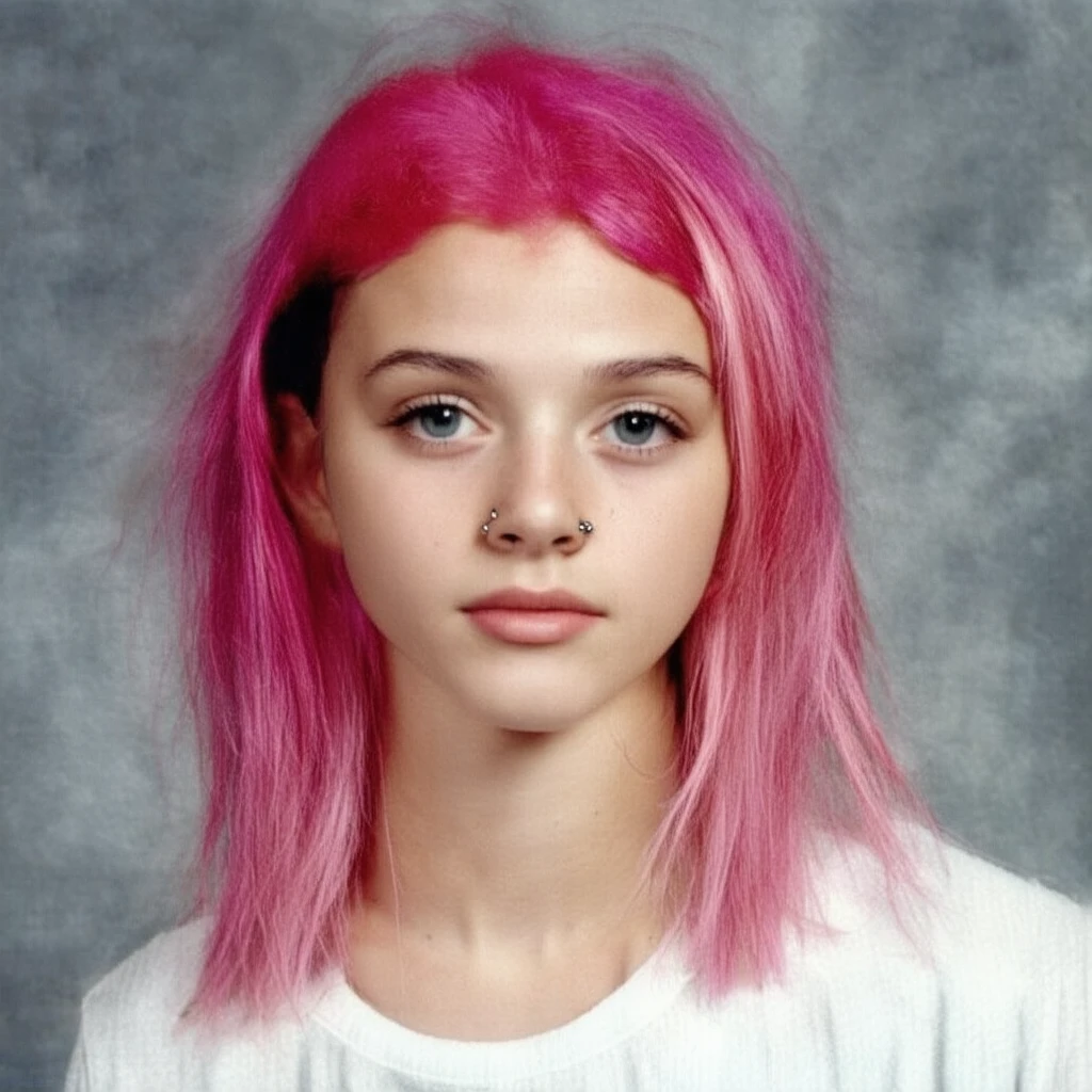 school yearbook photos, Young woman, dyed pink hair, nose ring, edgy style