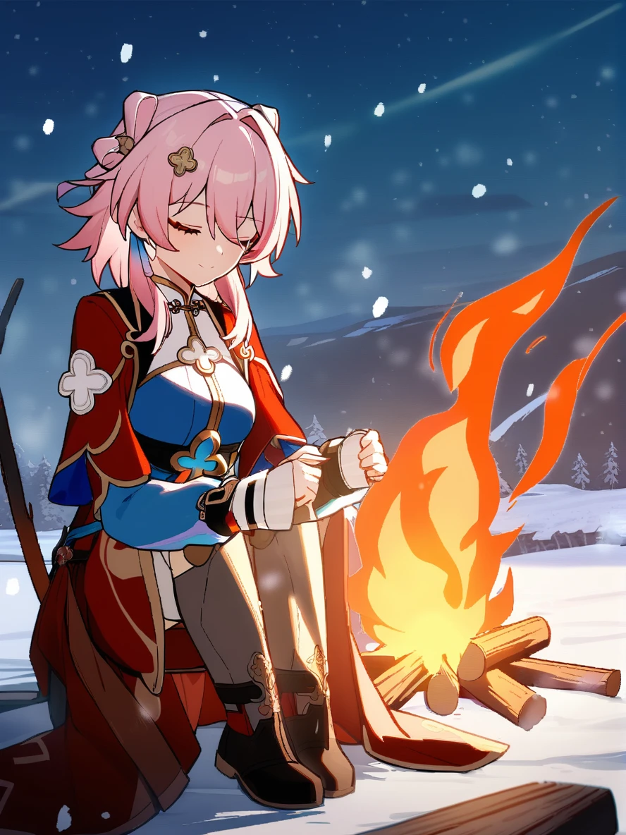 1girl, 
march 7th \(hunt\) \(honkai: star rail\), solo, scanlines, remote mountain, campfire, (warm:1.1), cozy, stars, serene atmosphere, red sleeves, sitting, blue sleeves, gameplay mechanics, outdoors, snowing, blue sky, fire, snow, full body, closed mouth, blue hair, closed eyes, day, short hair, sky, blue jacket, jacket, 
  safe
 <lora:mki-ani31-march_7th_hunt-v4:1>