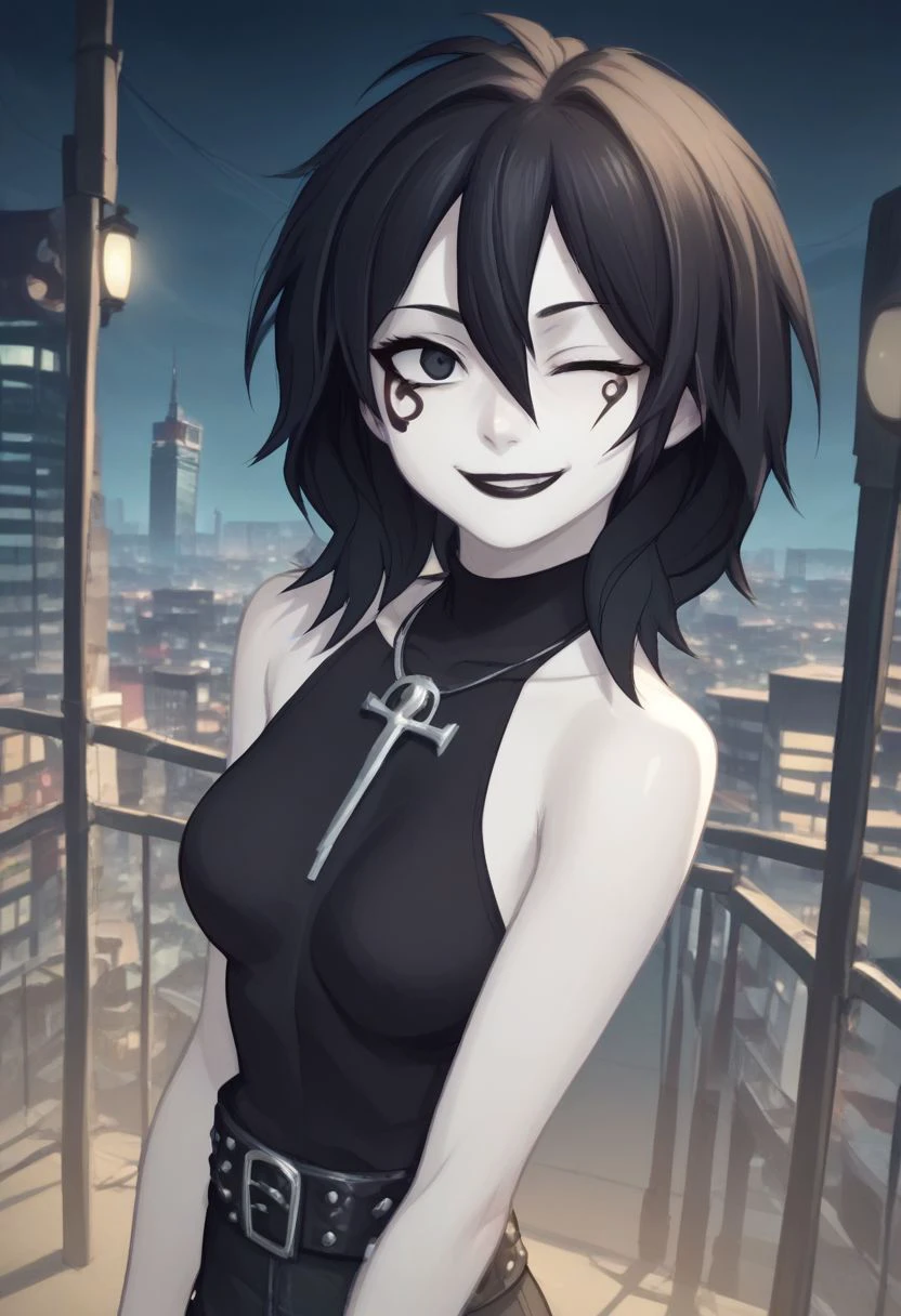 D_endless, anime screencap, 1girl, black eyes, black hair, medium hair, hair between eyes, pale skin, white body, medium breasts, facial mark, ankh necklace, black top, bare shoulders, studded belt, black pants, looking at viewer, black lips, goth, night, smile, one eye closed, skyscraper,, score_9, score_8_up, score_7_up, score_6_up, score_5_up, score_4_up, ponypositive