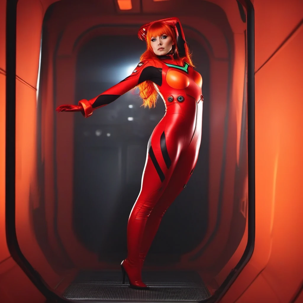 cinematic photo a full body woman,  red plugsuit, blue eyes, orange hair, in a spaceship  <lora:Asuka1024:0.8> . 35mm photograph, film, bokeh, professional, 4k, highly detailed