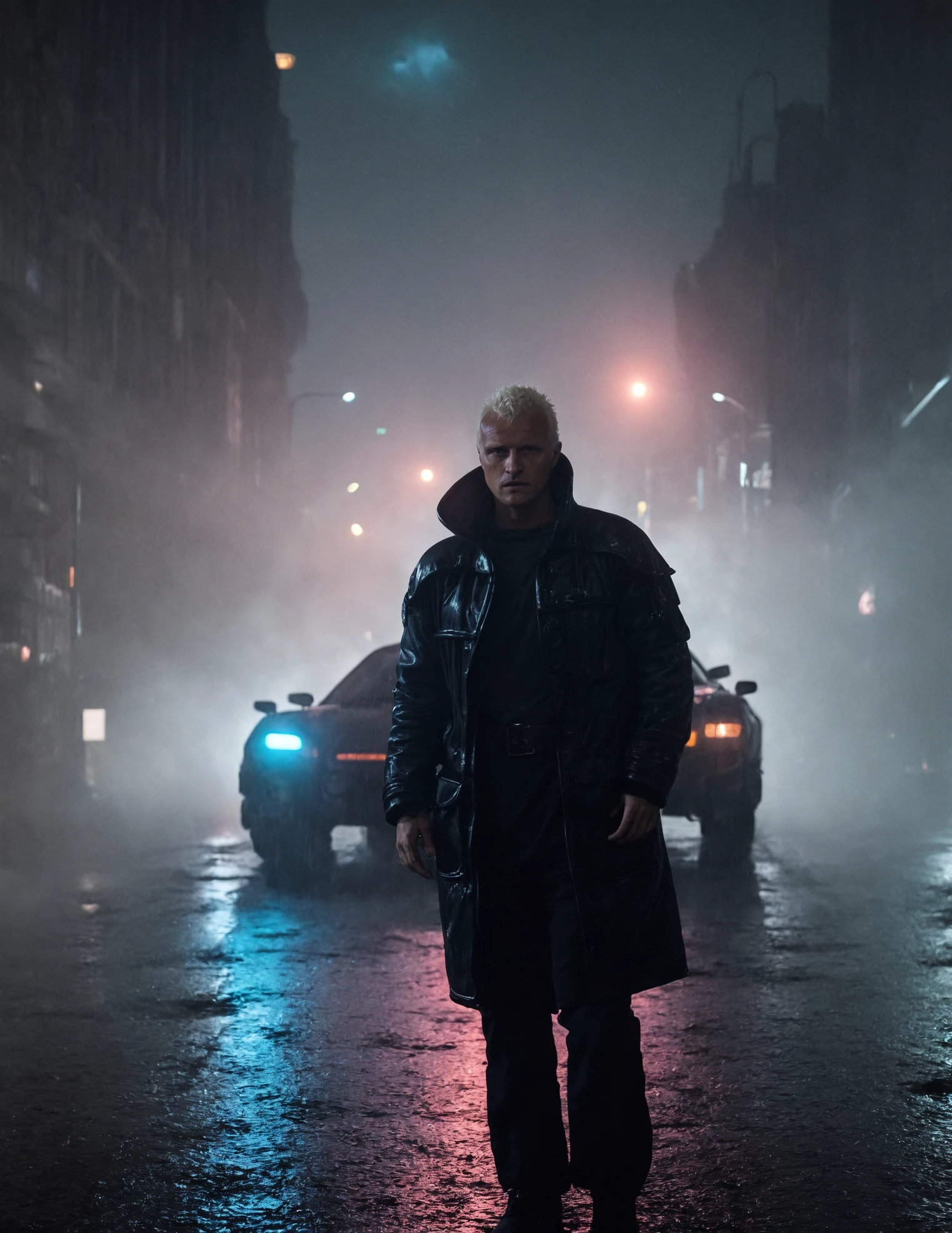 a high resolution photo of roy batty man, wearing black jacket,neon lights,street,car,buildings,skyscraper,blade runner,moody and atmospheric,futuristic,flying car,fog,detailed skin,pores,bokeh,depth of field,nighttime,soaked street,raining,neon lights