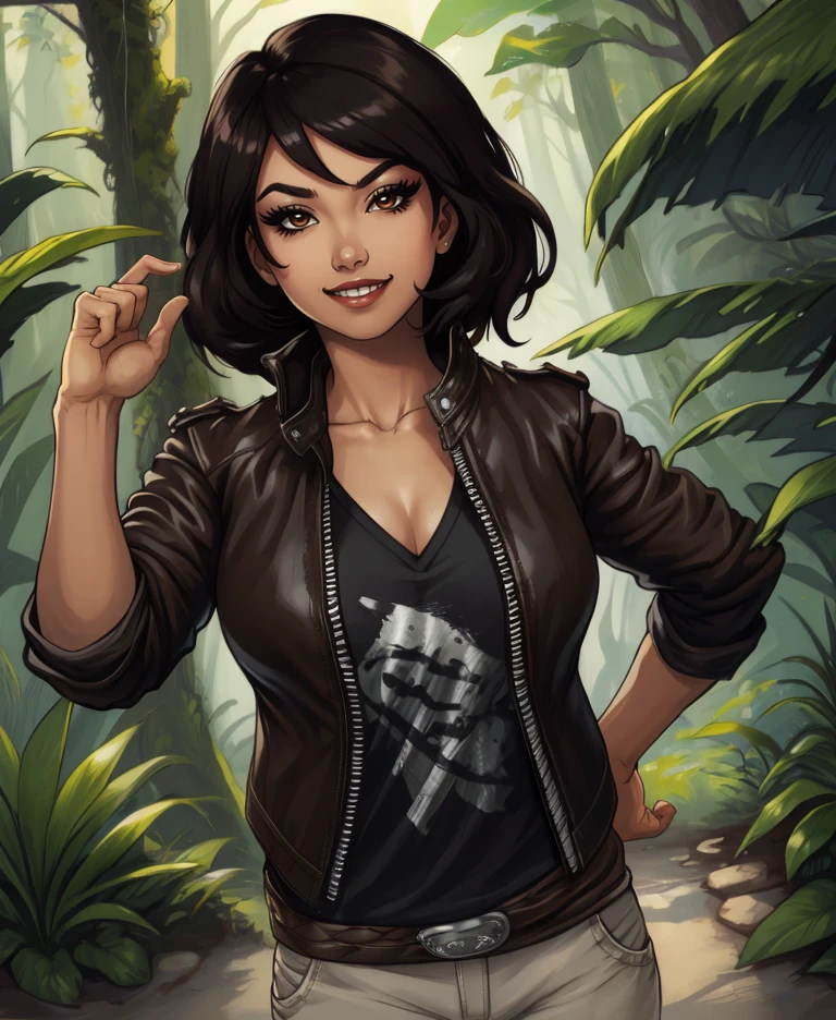 samantha,brown eyes,black hair,
shirt,leather jacket,belt,pants,looking at viewer,
light smile,
jungle,temple,
(insanely detailed,  masterpiece, best quality),solo,<lora:samanthanishimura:0.9>,