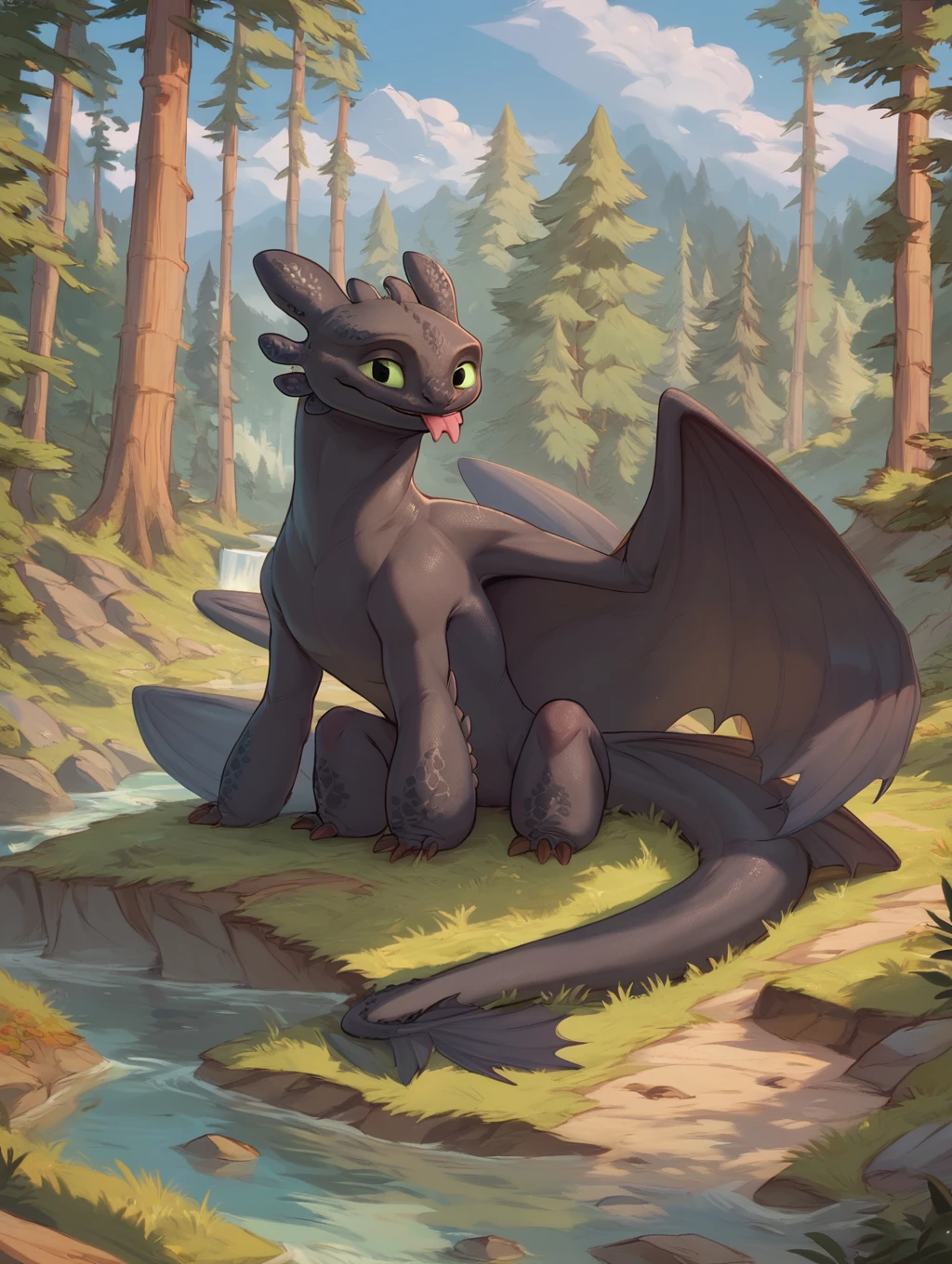 score_9, score_8_up, score_7_up, score_6_up,   <lora:Toothless_HTTYD_PonyXL_prototype:1> toothless_httyd, smile, tongue out, looking at viewer, forest, outside, day, sky, forked tongue,  sitting