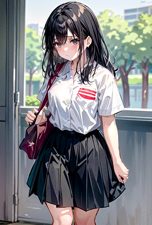 best quality,masterpiece,highly detailed,detailed hair, beautiful face, beautiful girl, ultra detailed eyes, cinematic lighting,
1girl,
<lora:KGHSv3:0.8>,((kghsv3)),black skirt,breast pocket,pleated skirt,school uniform,short sleeves,((white shirt)), black knee-high socks,
black hair, bangs, long hair, black eyes,<lora:KGHSSideBagv1:0.7>, ((kghssidebag)), shoulder bag,
<lora:add_detail:0.4>,