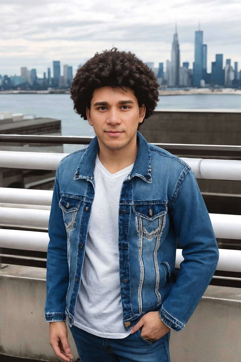 photo of ruanperson <lora:Ruan_epoch_8:1> , wearing jean jacket, city skyline