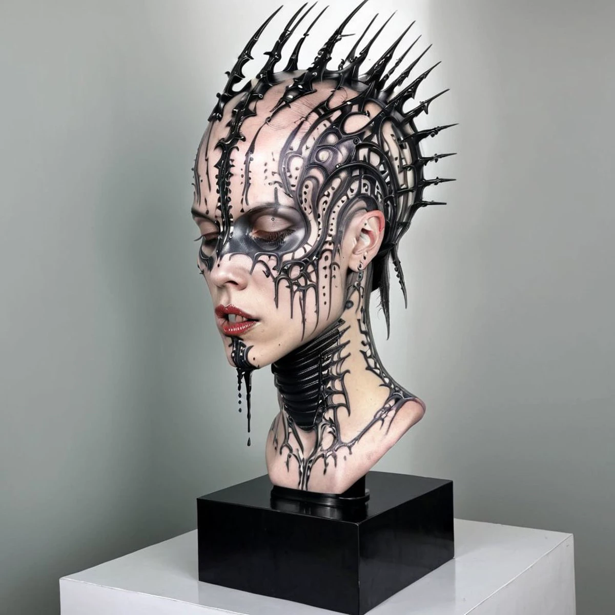 head on a pedestal, head in tattoos, tattoos on the head, tattoos on the face, blood, tribal, bio, giger, cyberpunk