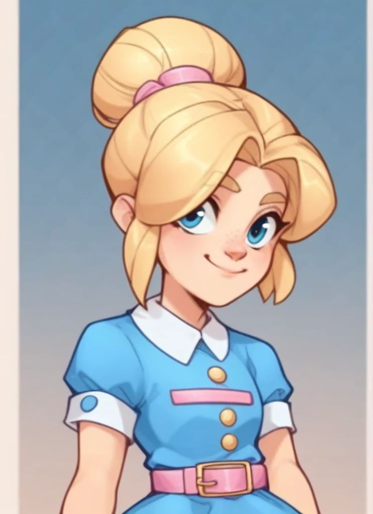 score_9, score_8_up, score_7_up, <lora:bspiper:1>bspiper , 1 girl blonde hair ,hair bun ,blue dress , ,pink belt ,upper body, ,short sleeves,short dress, <lora:Fsmaverick_Style_PonyXL:1>