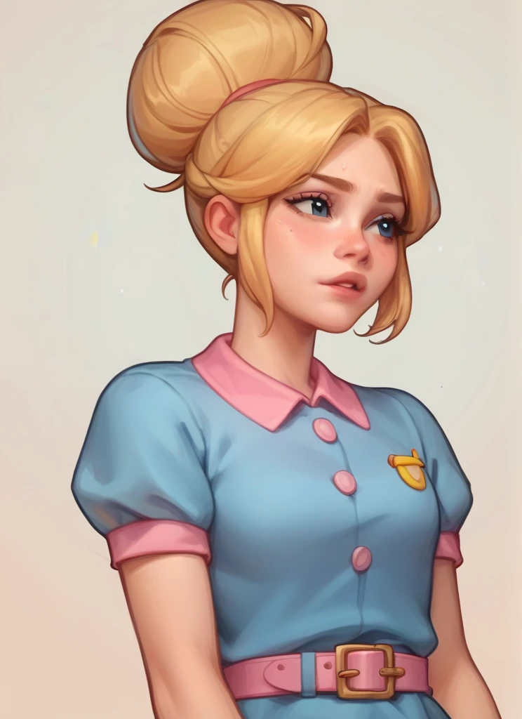 score_9, score_8_up, score_7_up, <lora:bspiper:1>bspiper , 1 girl blonde hair ,hair bun ,blue dress , ,pink belt ,upper body, ,short sleeves,short dress, <lora:Kittew-4RCH0N:1>