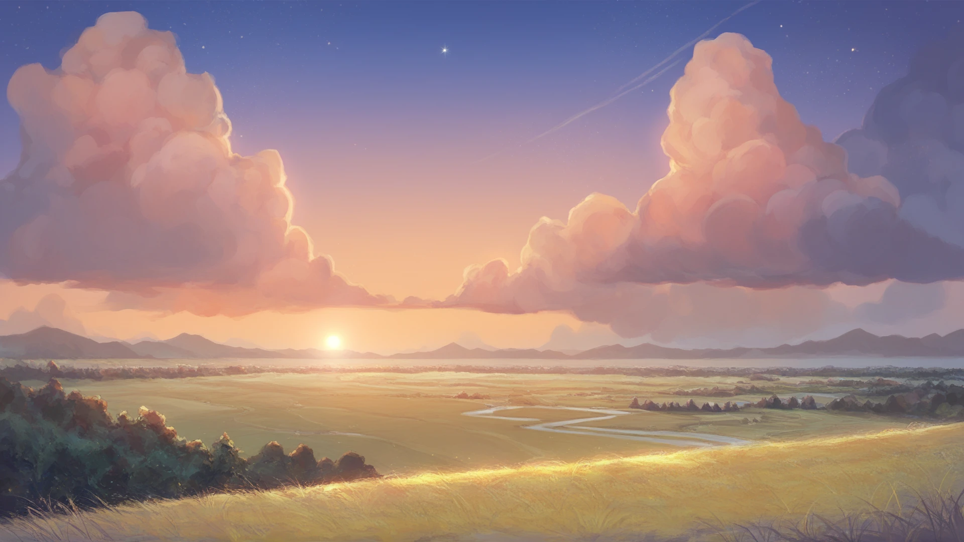 score_9, score_8_up, score_7_up,
best quality, masterpiece, ultra detailed,
landscape
sunset, clouds, skys, stars, cozy,
amazing background, outdoors,
<lora:Everlasting_Summer_Vanilla_Backgrounds_by_GraffMetal:1>,