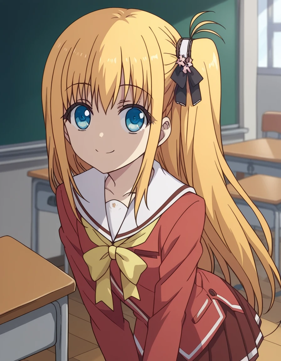 score_9, score_8_up, score_7_up, source_anime,
yusakurobane, <lora:yusa-kurobane-s1-ponyxl-lora-nochekaiser:1>,
yusa kurobane, long hair, blue eyes, blonde hair, hair ornament, ribbon, hair ribbon, one side up, side ponytail,
school uniform, serafuku, long sleeves, red blazer, red skirt, pleated skirt, white sailor collar,
indoors, classroom, bent over, smile,
looking at viewer, cowboy shot, solo, dutch angle,