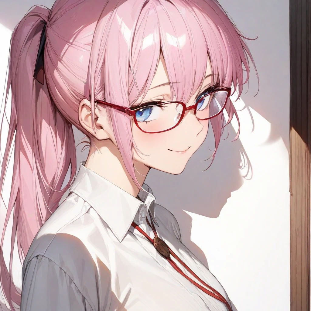 (masterpiece),(best quality),(ultra-detailed),(best illustration),(best shadow),(absurdres),(detailed background),(very aesthetic),shikimori, 1girl, solo, blue eyes, glasses, smile, pink hair, shirt, white shirt, long hair, white background, red-framed eyewear, upper body, collared shirt, simple background, ponytail, short sleeves<lora:shikimori:1>