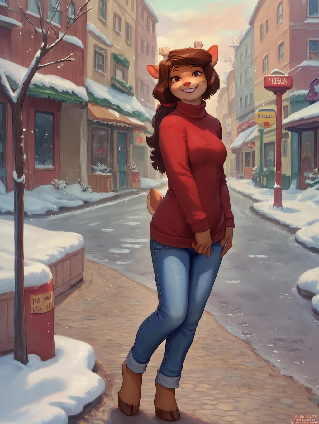 score_9, score_8_up, score_7_up, score_6_up,  <lora:Rue_Minuscule_Task_PDXL_v2:1> ruetmt, red sweater, small breasts, blue jeans, jeans, smile, outside, snow, street, half-closed eyes, standing, detailed background, looking at viewer,