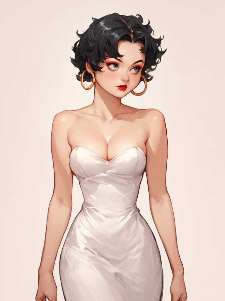 score_7_up, score_8_up, score_9, masterpiece, (perfect hands,:1.2) perfect face, high quality, source_anime, (1girl, solo,) <lora:Betty_Boop_-_Talkartoon:1> bettyboop, black hair, short hair, hoop earrings, dress, strapless, lipstick, makeup, cleavage, cowboy shot,