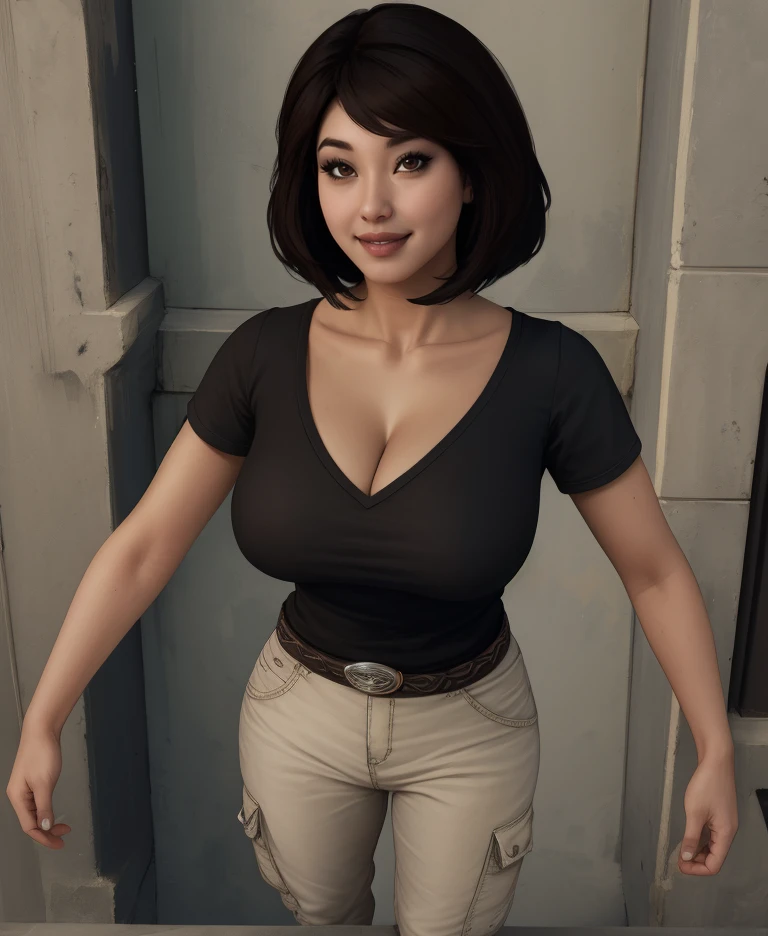 samantha,brown eyes,black hair,
shirt,short sleeve,belt,pants,
light smile,
cleavage,from below,
temple,
(insanely detailed,  masterpiece, best quality),solo,<lora:samanthanishimura:0.8>,