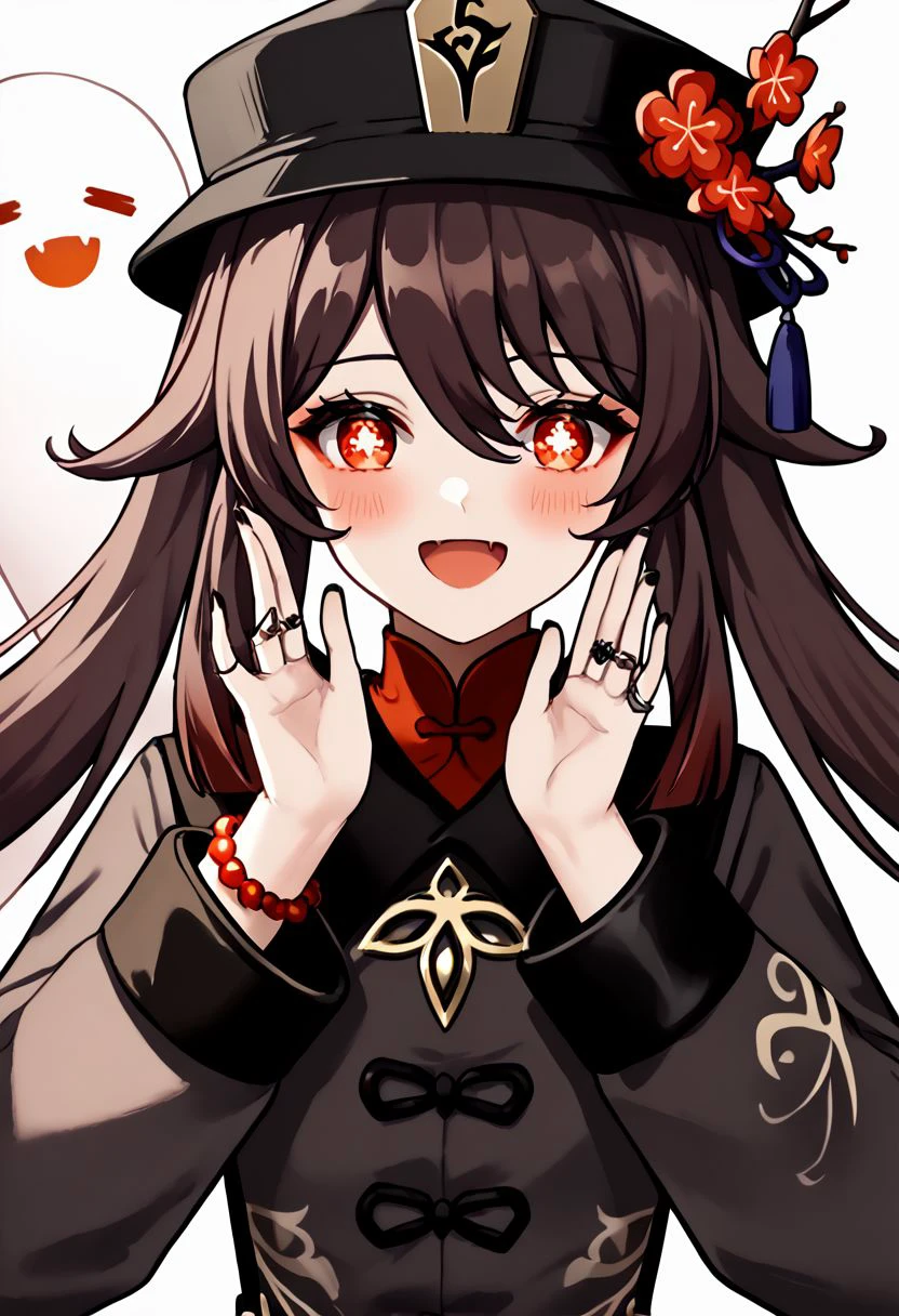 HuTao_DskFll, 1girl, solo, long hair, looking at viewer, blush, smile, open mouth, simple background, brown hair, shirt, red eyes, long sleeves, hat, white background, hair between eyes, twintails, jewelry, upper body, flower, :d, nail polish, bracelet, symbol-shaped pupils, hands up, black headwear, chinese clothes, ring, red shirt, black nails, beads, ghost, hat flower, bead bracelet, flower-shaped pupils, plum blossoms, hu tao (genshin impact), boo tao (genshin impact) , PonyXLV6_Scores