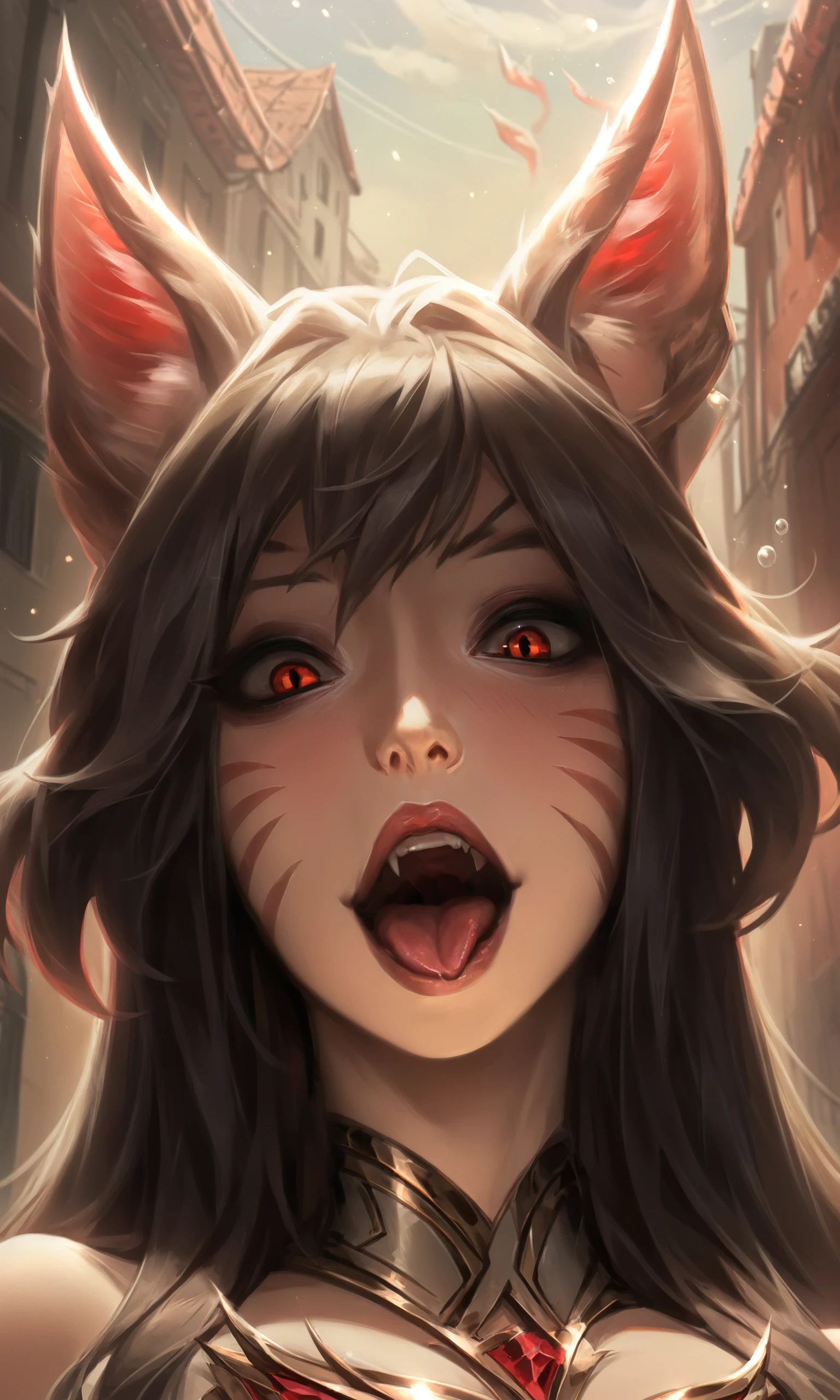 score_9, score_8_up, score_7_up, score_6_up, score_5_up, score_4_up, immortalizedahri, ahri \(league of legends\), woman, solo, portrait, alley, maniac, crazy, wide eyes, panting, looking at viewer, drunk, close shot, mid body shot, half body