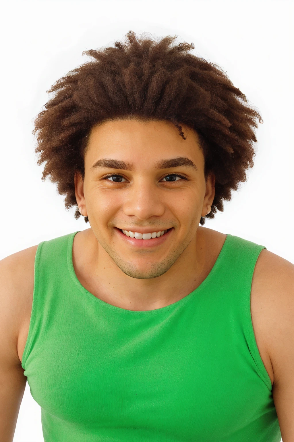 headshot photo of ruanperson <lora:Ruan_epoch_8:1> , wearing green tank-top, relaxed confident expression, smirk, white background