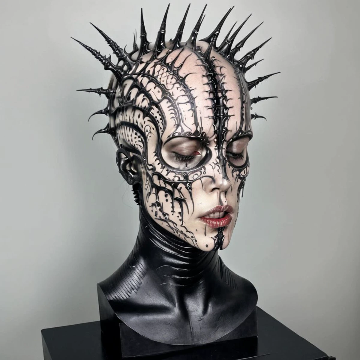 head on a pedestal, head in tattoos, tattoos on the head, tattoos on the face, blood, tribal, bio, giger, cyberpunk