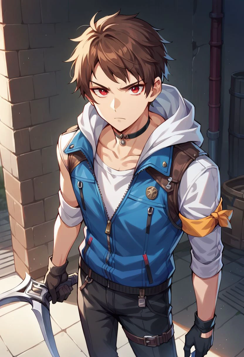 score_9, score_8_up, score_7_up, swin abel, 1boy, solo, brown hair, red eyes, black and blue vest, choker, yellow armband, zipper, semi-open vest, patches, white hoodie, belts, black gloves, dark pants, serious, dual weapon, from above, alley, looking at viewer, cowboy shot