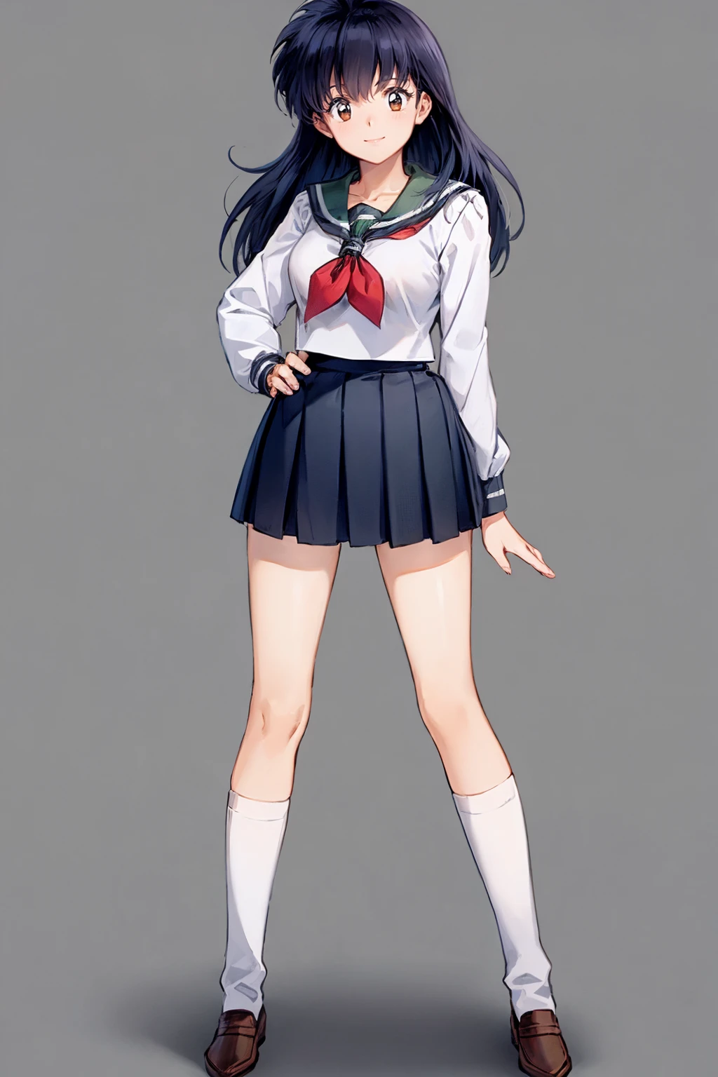 masterpiece, best quality,
1girl, kagomehigurashi, bangs, black hair,  long hair, brown eyes,
sailor collar, long sleeves, neckerchief, pleated skirt, school uniform, serafuku, white kneehighs, loafers,
hand on hips, standing, full body, looking at viewer, smile, simple background, solid grey background   <lora:KagomeHigurashi:1>