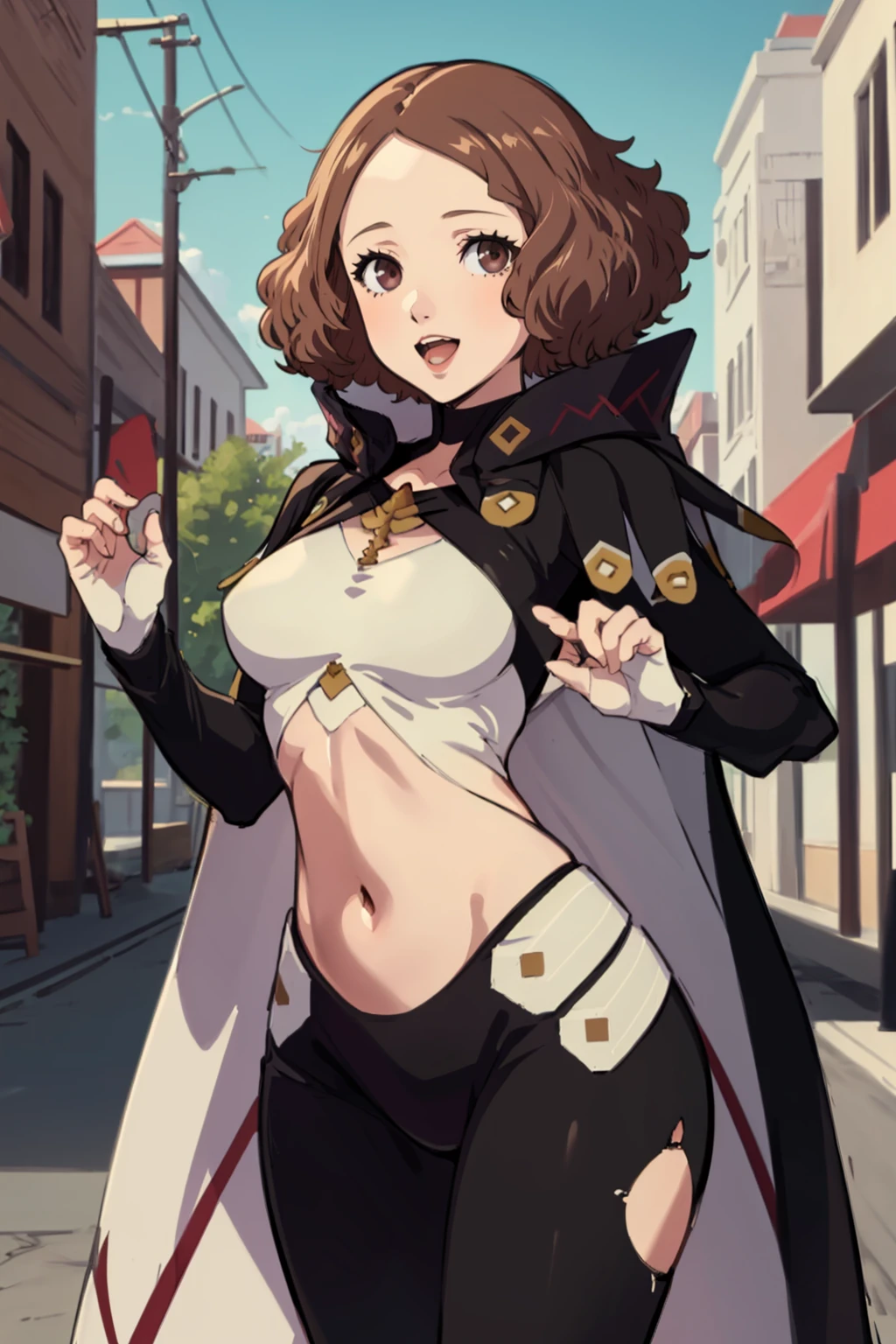 (masterpiece, best quality:1.2), 1girl, cowboy shot, looking at viewer, open mouth, smile, excited, <lora:dsharu-v2:1> dsharu, short hair, brown eyes, <lora:SageOutfitFE17:0.9> fe17sage, crop top, (large breasts:1.1), long sleeves, midriff, black pants, asymmetrical legwear, clothing cutout, cape, outdoors