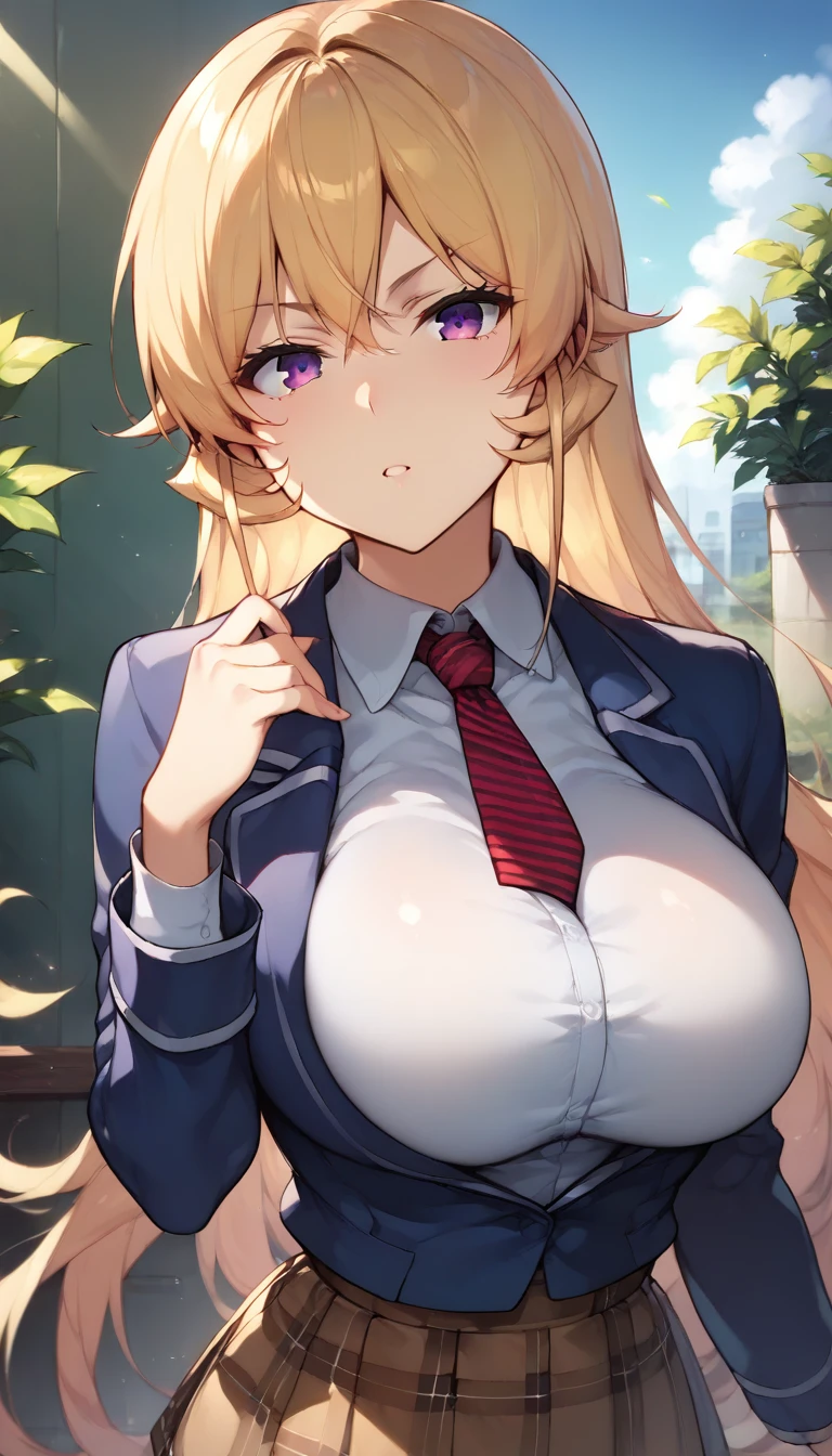 score_9,score_8_up,score_7_up,score_6_up,official art,solo,outdoors,upper body,(portrait:1.5),looking at viewer,facing viewer,Nakiri Erina,very long hair,blonde hair,sidelocks,parted bangs,purple eyes,school uniform,blue jacket,blazer,wing collar,red necktie,striped necktie,white shirt,collared shirt,long sleeves,large breasts,skindentation,miniskirt,brown skirt,plaid skirt,pleated skirt,black thighhighs,zettai ryouiki,loafers,<lora:Nakiri_Erina(fw)-Pony:1.8>,<lora:Anime Style LoRA XL>,