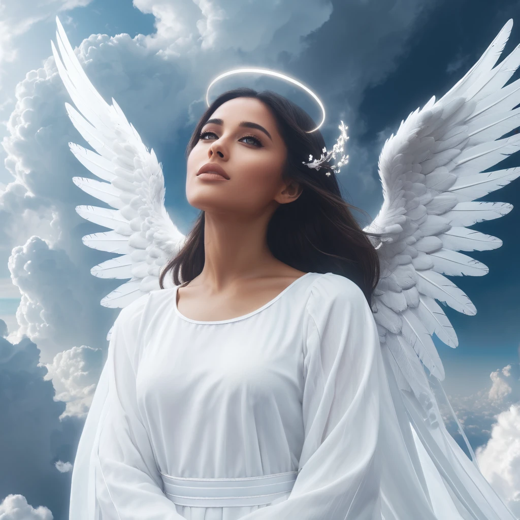 concept art close-up photo of a 4r14n4 a woman, as an angel, cloudy, in heaven,  looking at viewer,  <lora:arijuu:.8> . digital artwork, illustrative, painterly, matte painting, highly detailed