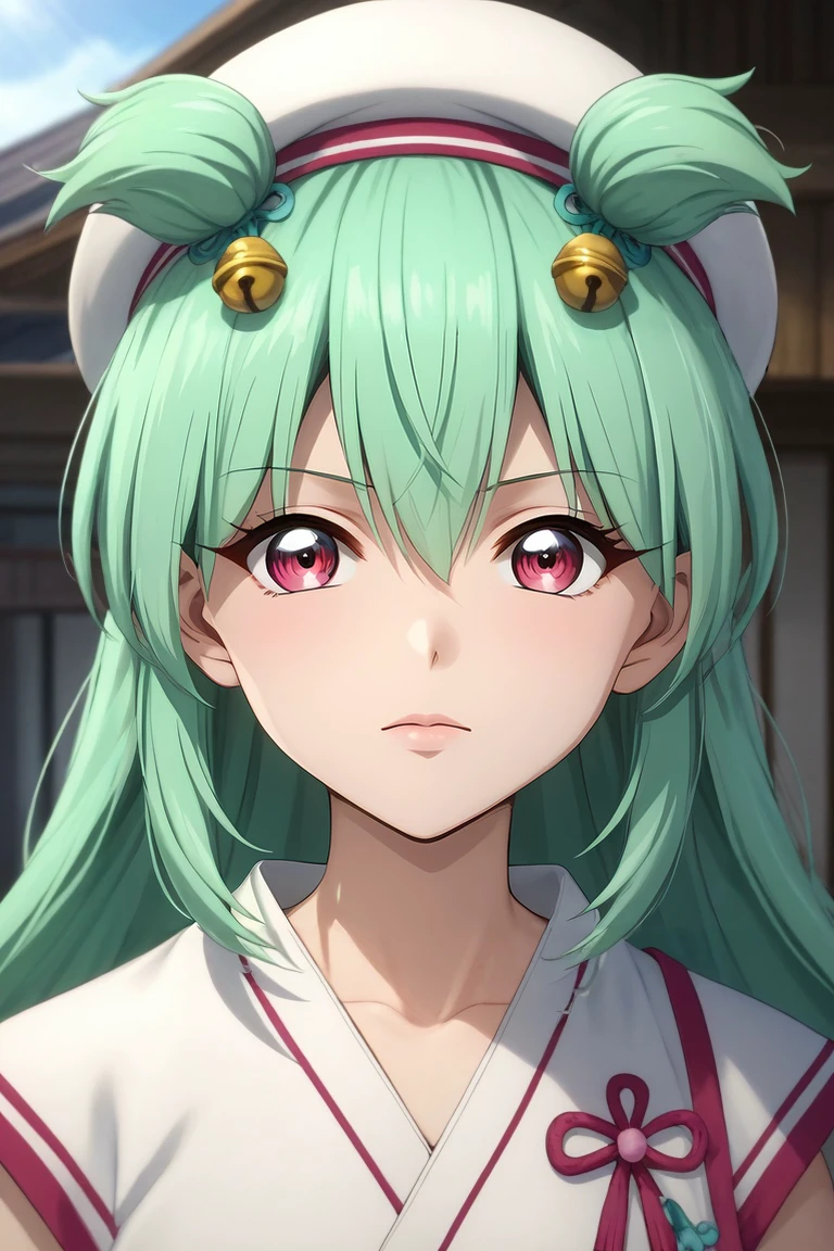 score_9, score_8_up, score_7_up, source_anime, rating_safe, , (3d:0.4), looking at viewer, depth of field, 1girl, solo, <lora:tsugumi_hattori_pony:0.76>, tsugumi_hattori, green hair, pink eyes, long hair, bangs, hair between eyes, hair ornament, hair bell, , idol clothes, elbow gloves, hat, <lora:sdxl_lightning_8step_lora:1>