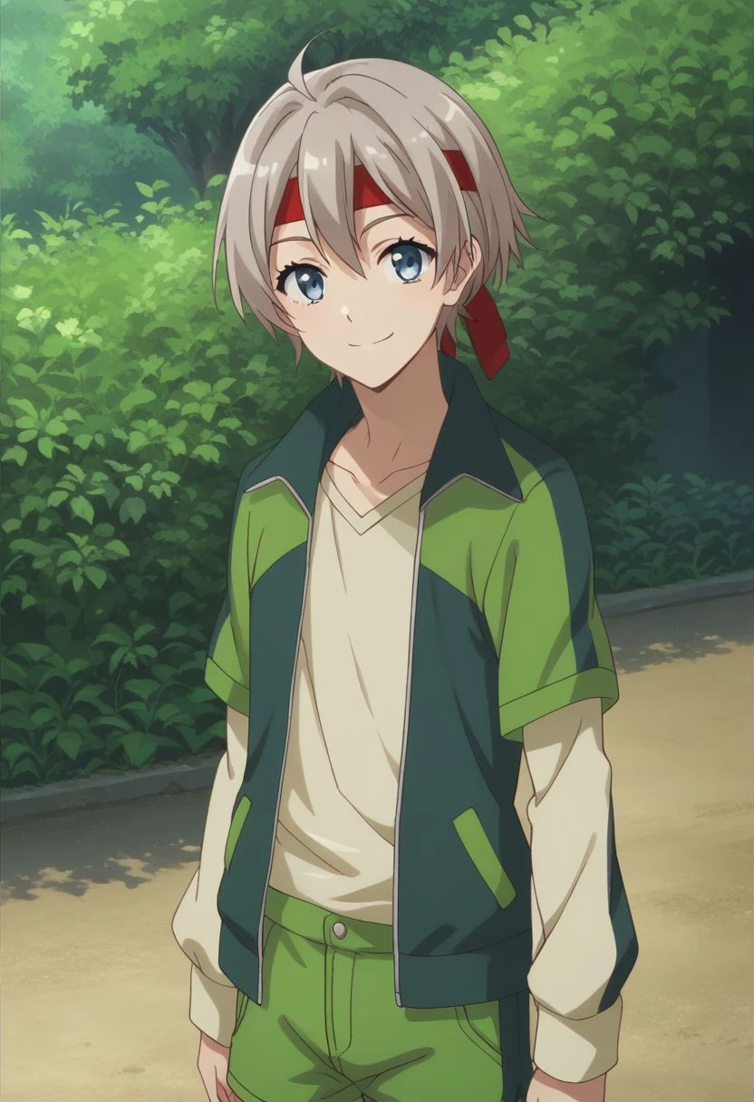 score_9, score_8_up, score_7_up, source_anime, highly detailed, 
saika, 1boy, headband, solo, shorts, male focus, grey hair, pants, jacket, green shorts, red headband, shirt, layered sleeves, upper body, cute, smile,
outdoor,