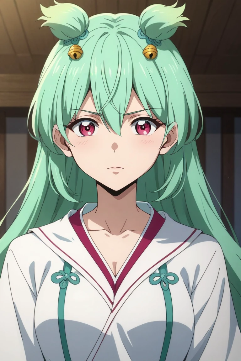 score_9, score_8_up, score_7_up, source_anime, rating_safe, intricate details, anime screencap, , official style, , depth of field, 1girl, solo, <lora:tsugumi_hattori_pony:0.78>, tsugumi_hattori, green hair, pink eyes, long hair, bangs, hair between eyes, hair ornament, hair bell, , , <lora:sdxl_lightning_8step_lora:1>